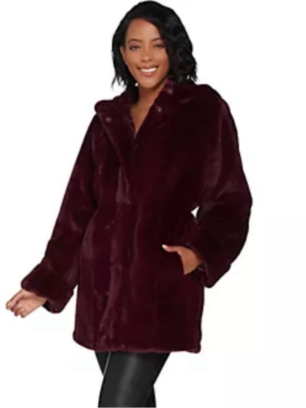 Dennis Basso Burgundy Faux Fur Hooded Coat